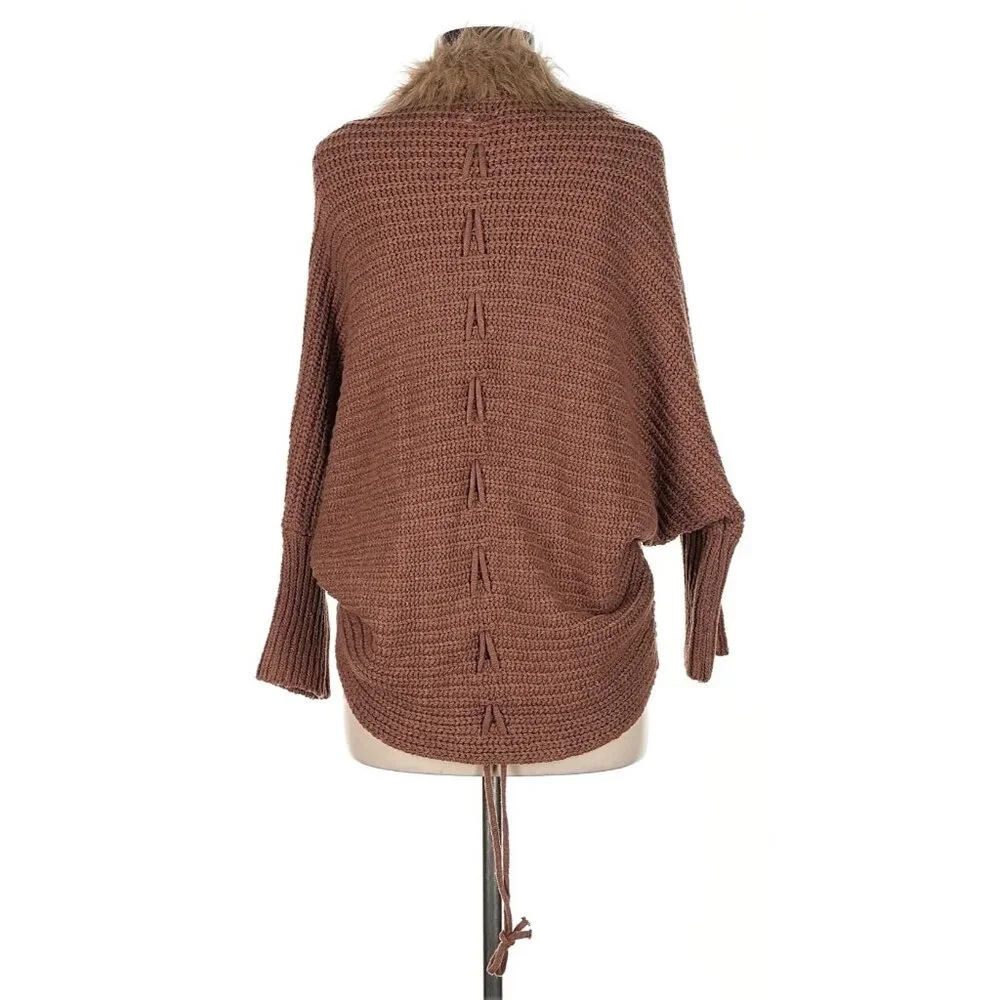 Faux Fur Trim Brown Cable Knit Cardigan | Boho Grunge Fairy Cottagecore Cozycore - Picture 8 of 16